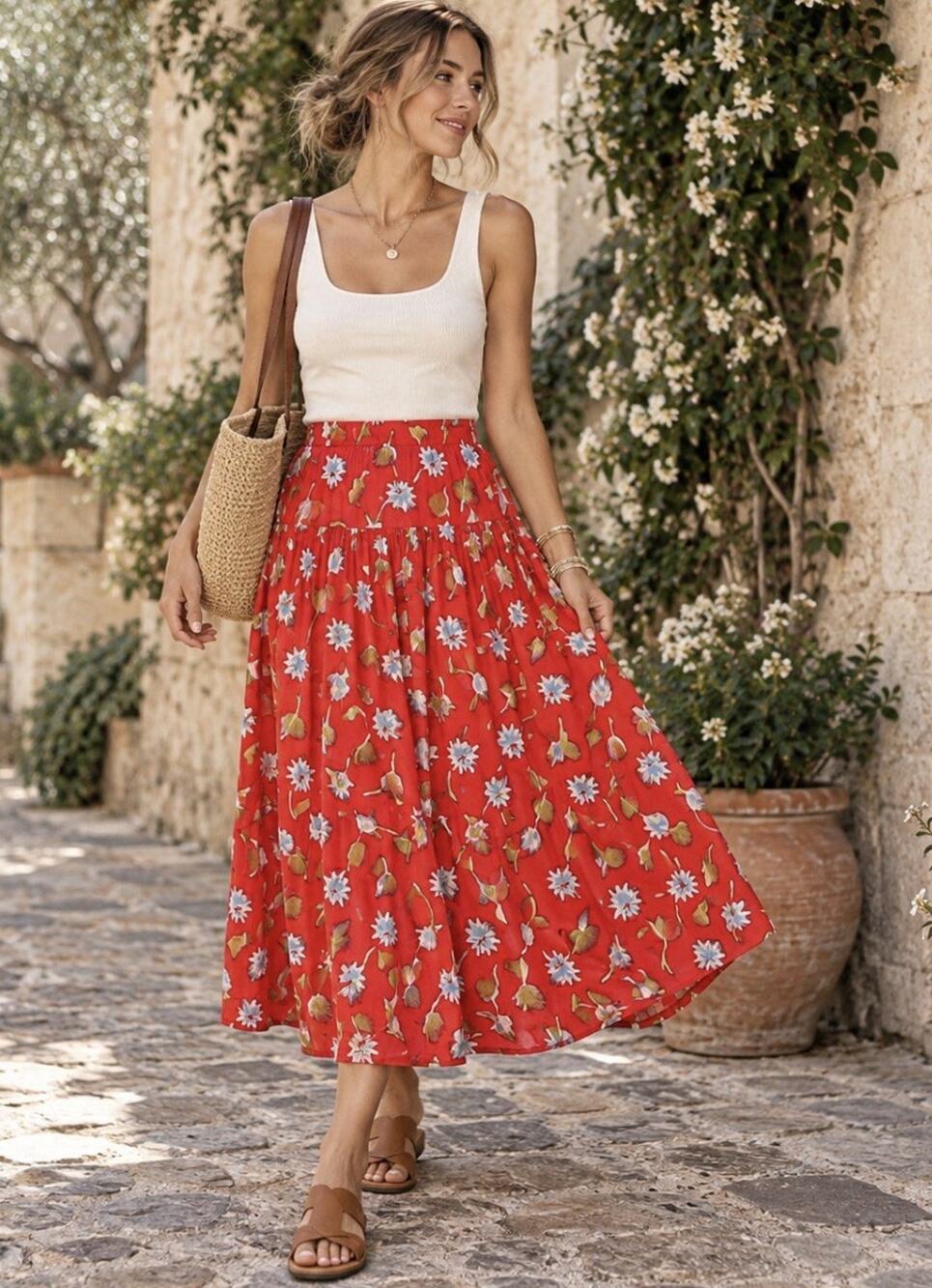J.Crew Side-Tie Ramie Skirt M Red Multi Floral Drop Waist Midi CK950